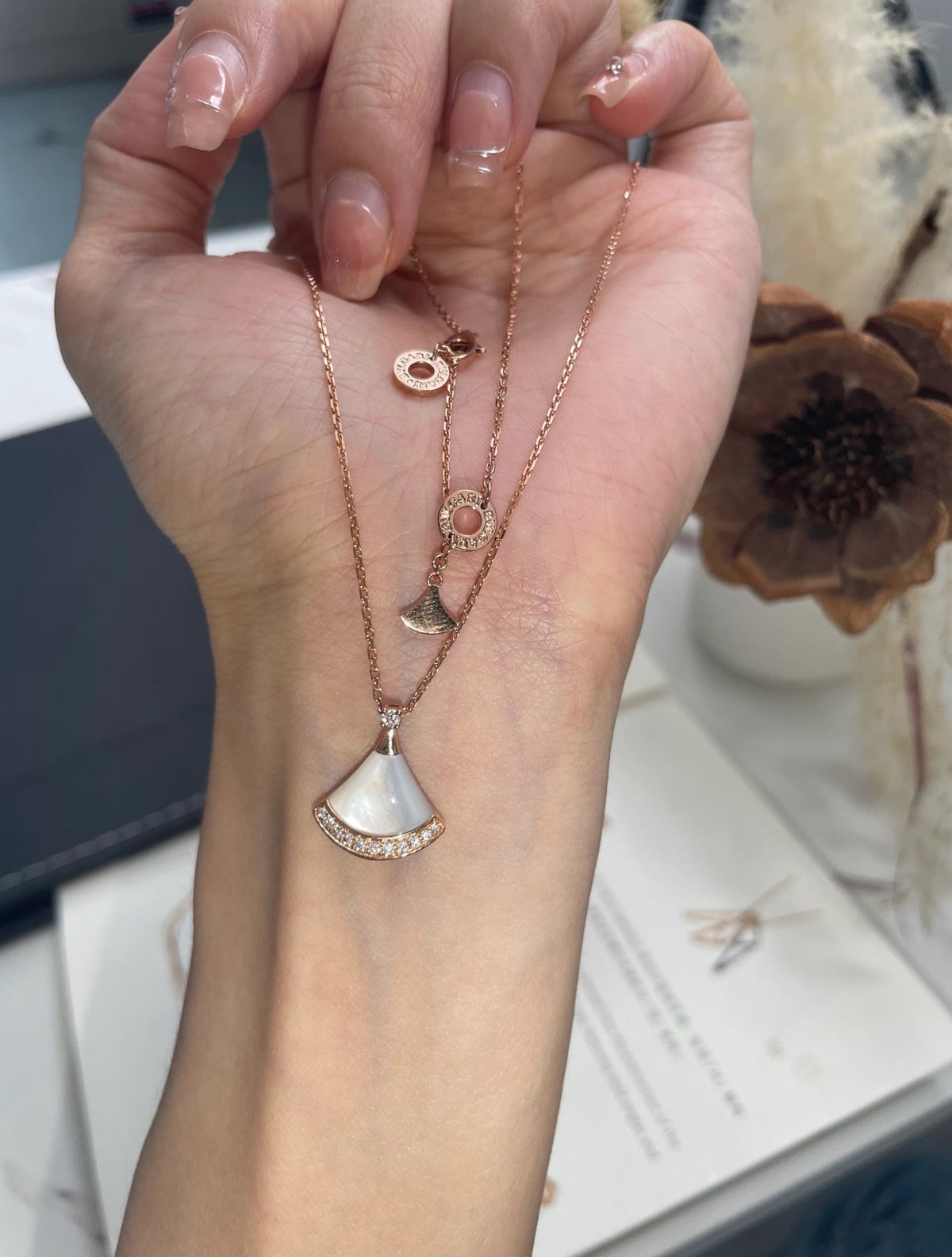 Geometric Emblem Pendant Necklace in Rose-Gold-Tone – Rose Gold Detail – Design 004 front product view