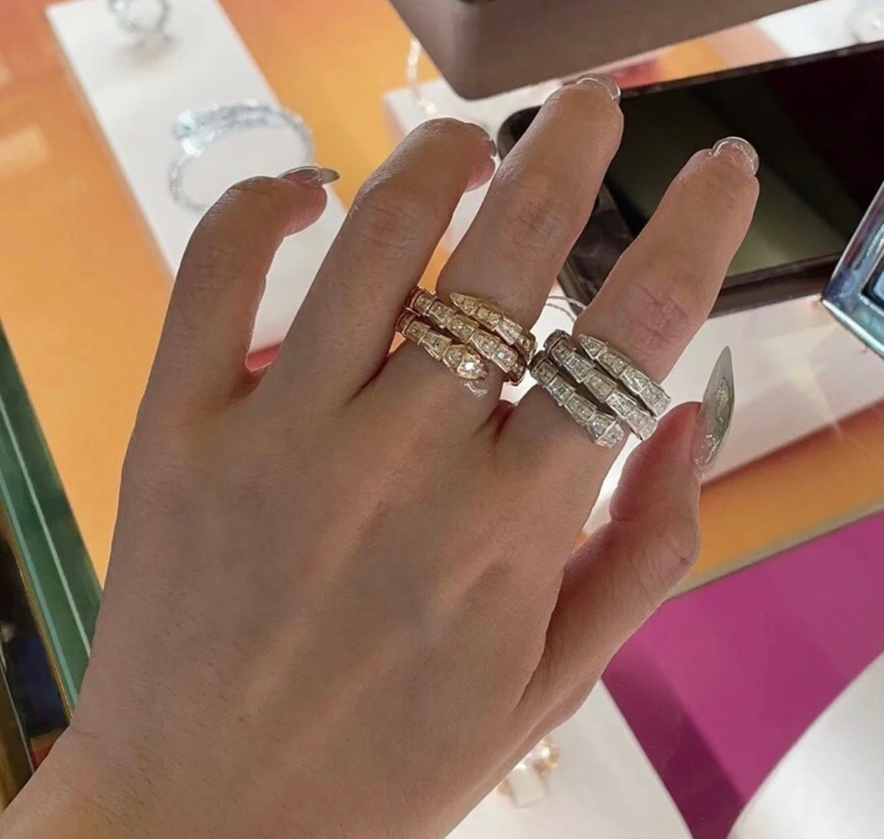 Serpentine Statement Ring in Silver-Tone close-up detail
