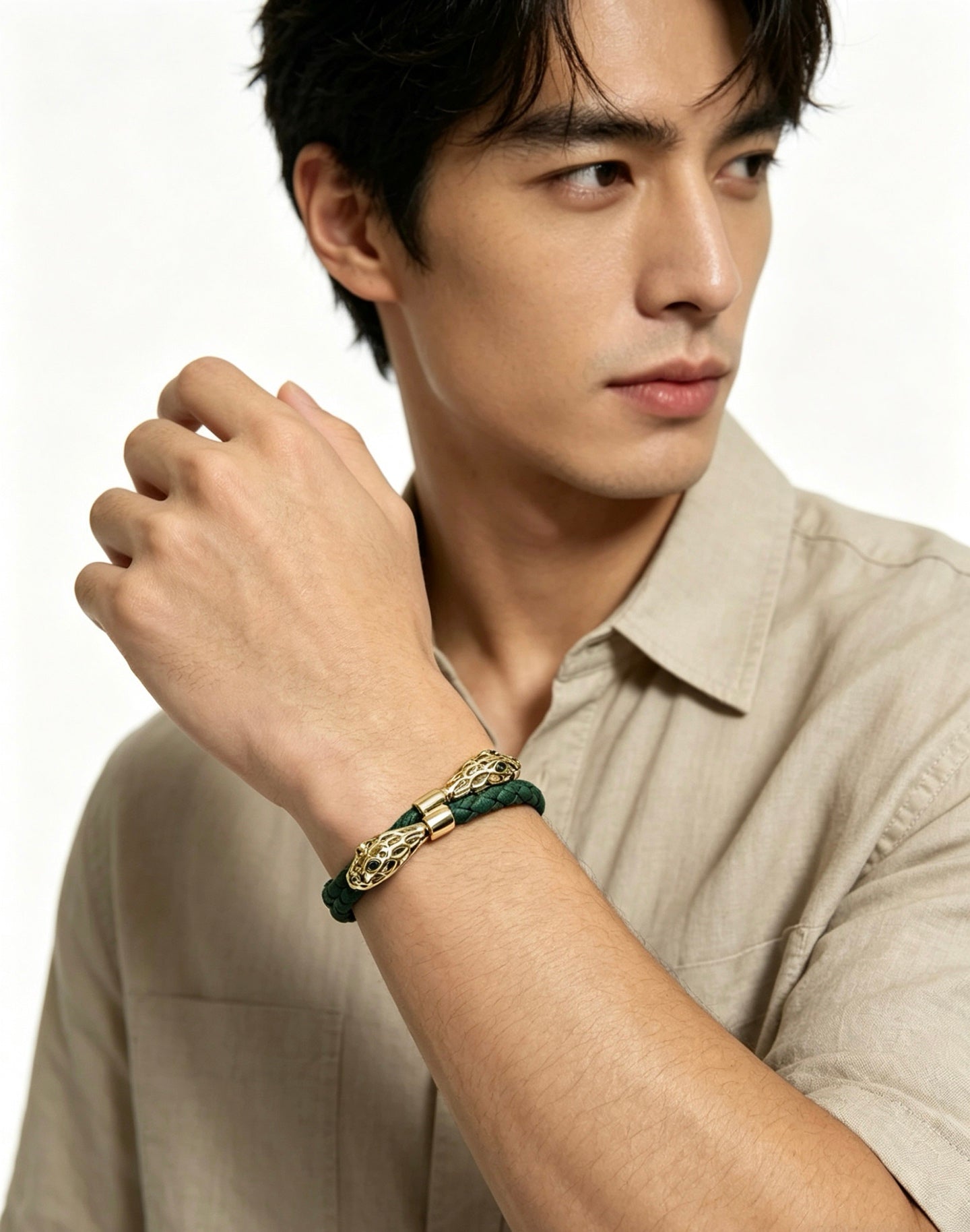 Geometric Emblem Braided Bracelet in Polished Metal-Tone – Design 012 styled product view