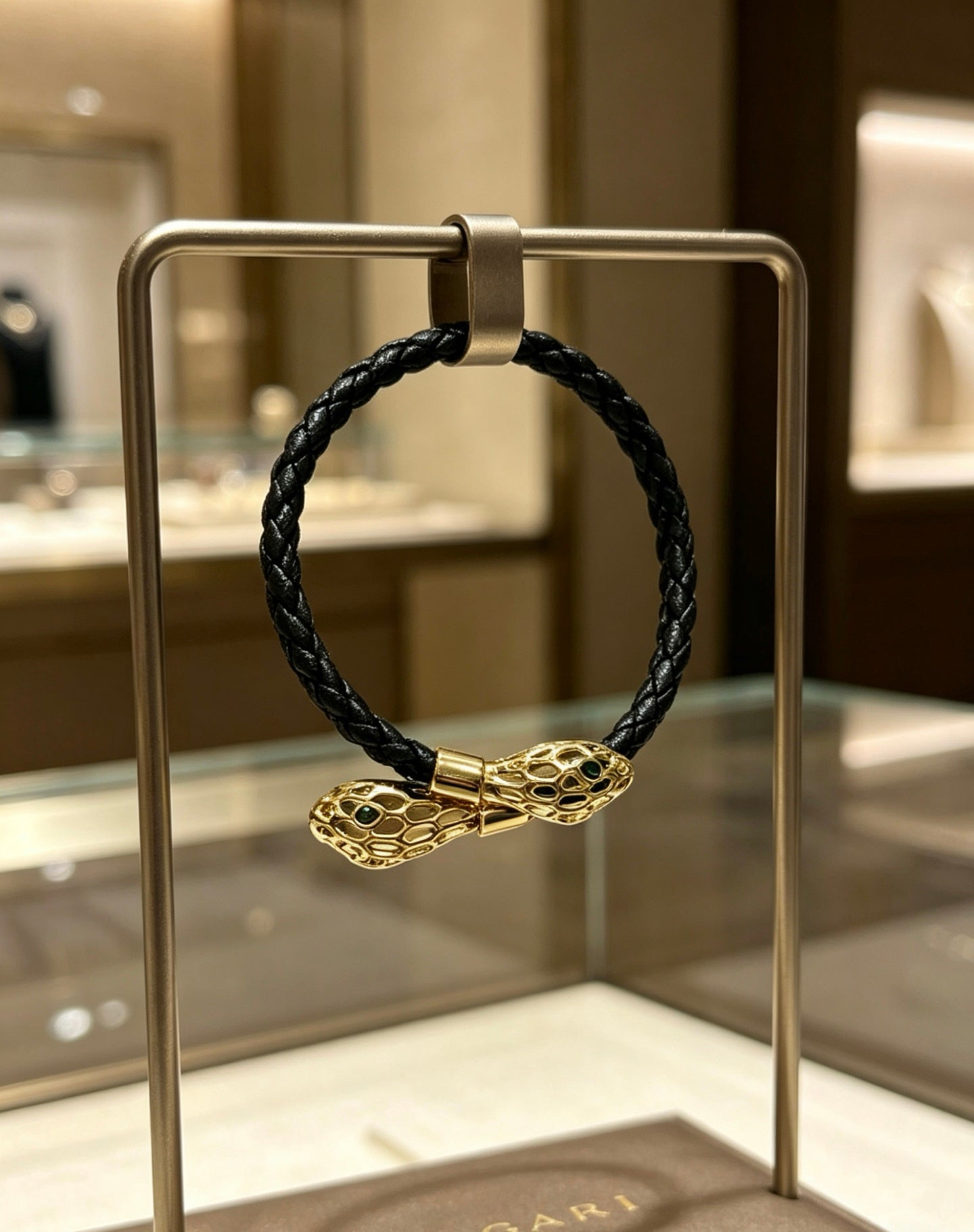 Geometric Emblem Braided Bracelet in Polished Metal-Tone – Design 010 detail view