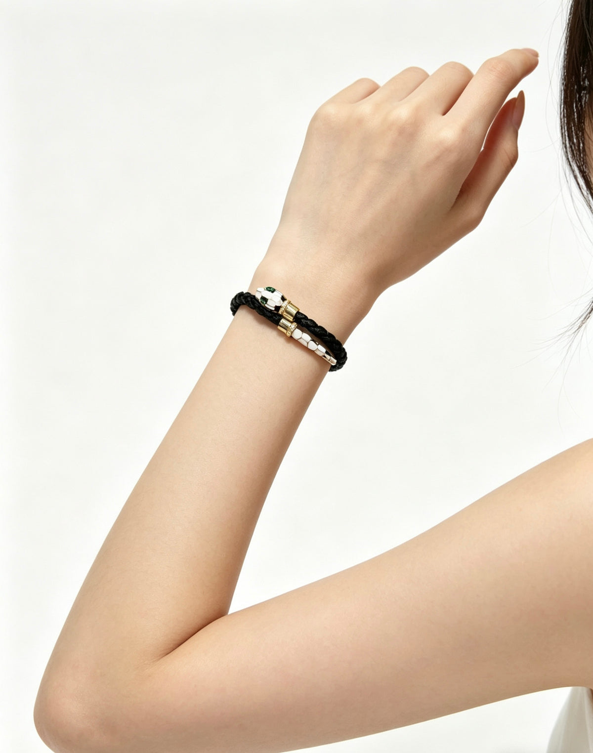 Geometric Emblem Braided Bracelet in Polished Metal-Tone – Design 003 styled product view