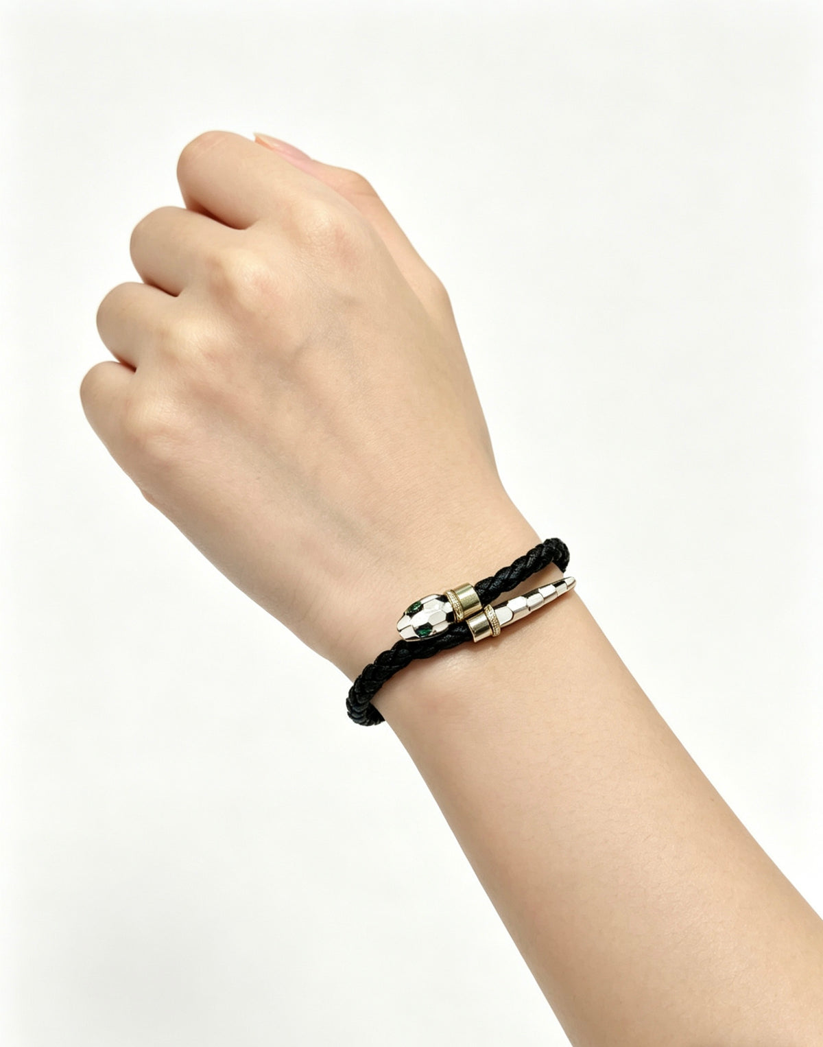 Geometric Emblem Braided Bracelet in Polished Metal-Tone – Design 003 close-up detail