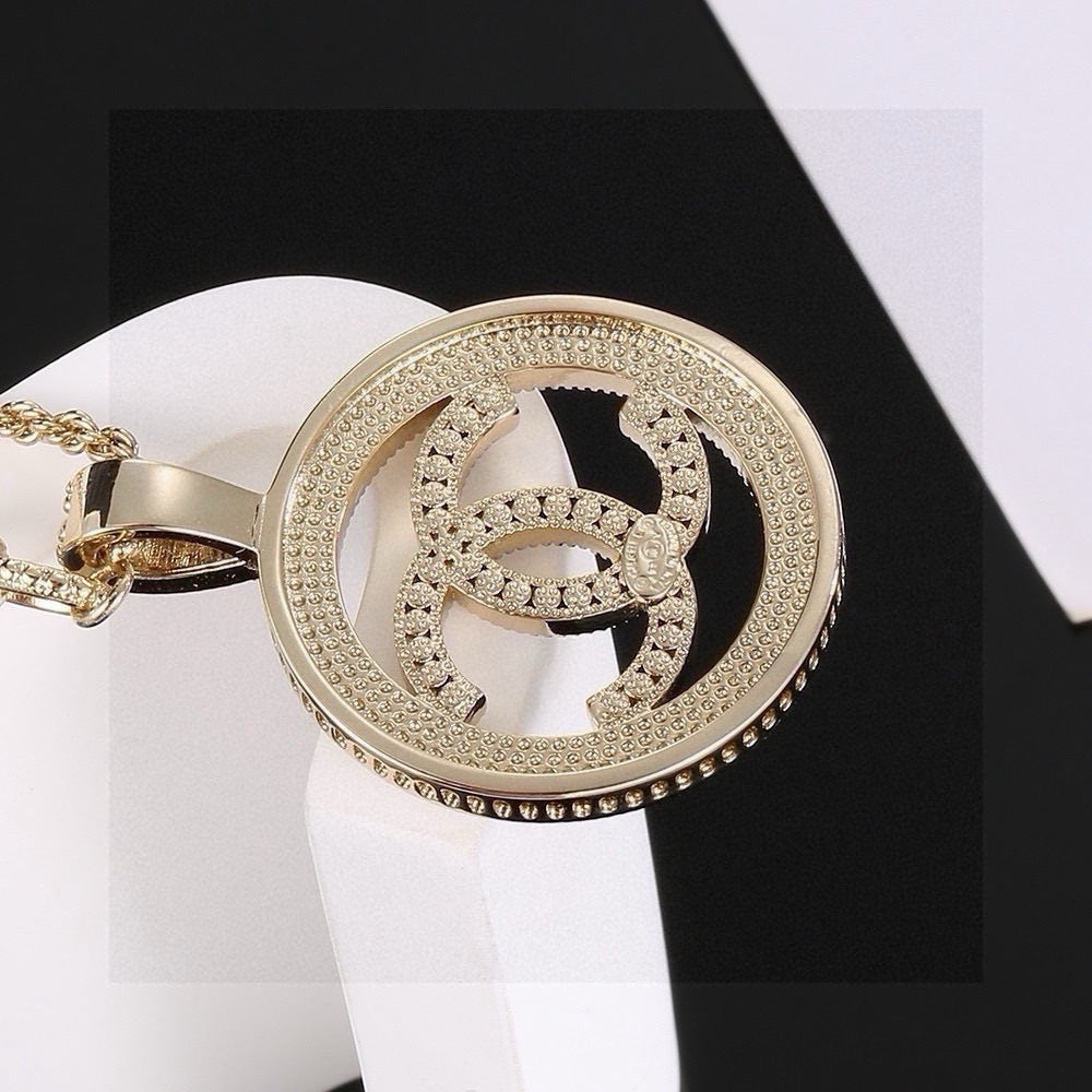 Double-C Emblem Pearl-Detail Pendant Necklace – Pearl Detail – Design 074 front product view