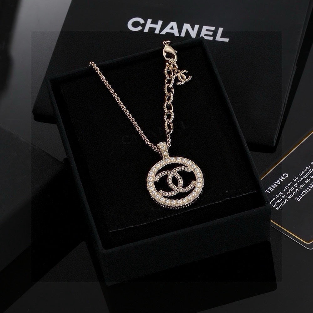Double-C Emblem Pearl-Detail Pendant Necklace – Pearl Detail – Design 074 main product view