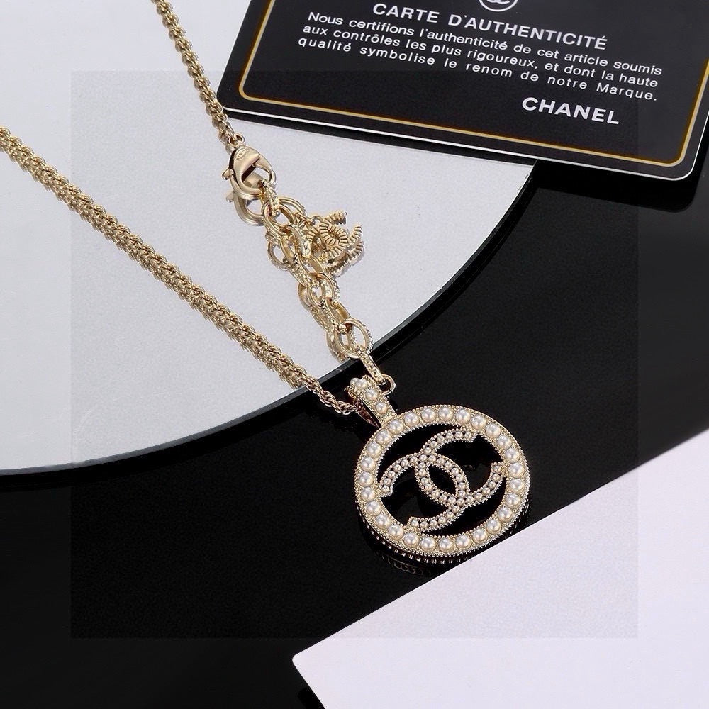 Double-C Emblem Pearl-Detail Pendant Necklace – Pearl Detail – Design 074 styled product view