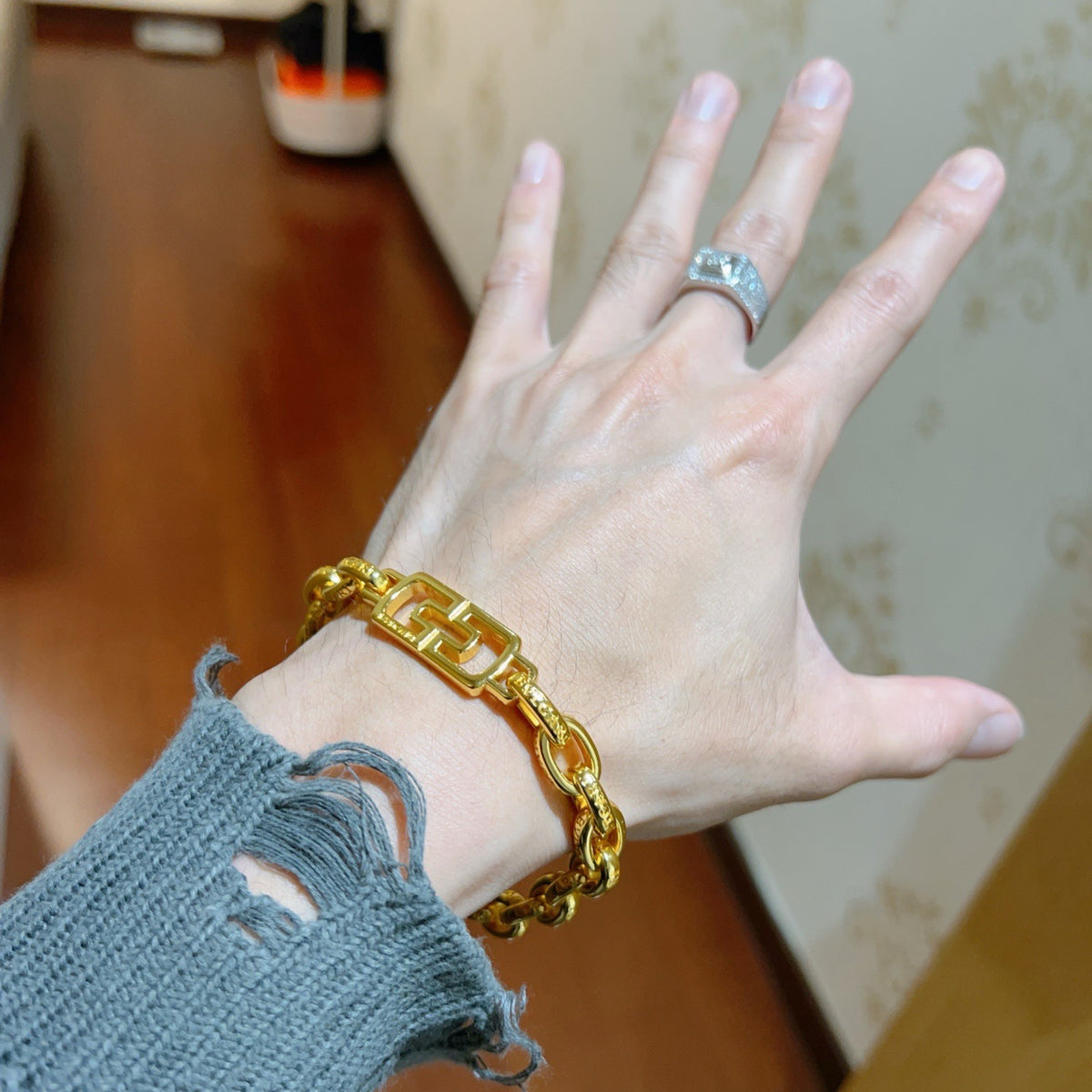 Geometric Emblem Statement Ring in Polished Metal-Tone – Design 115 detail view