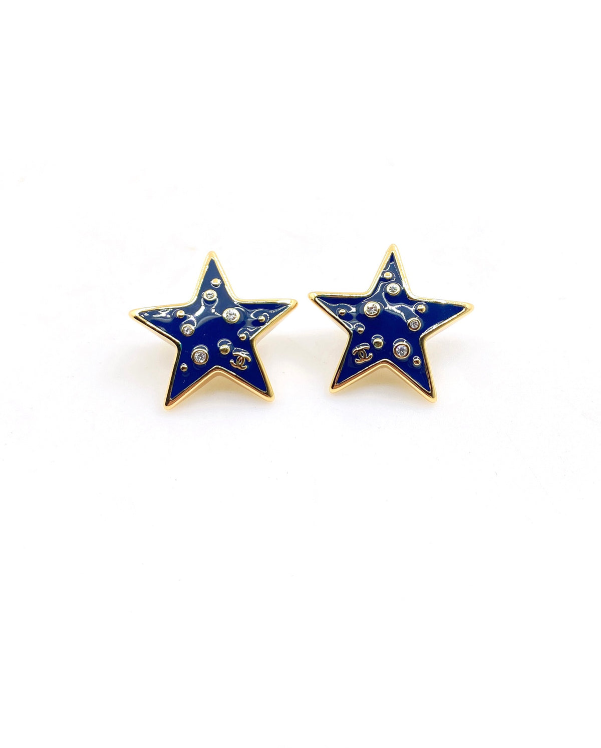 Signature Emblem Stud Earrings in Gold-Tone – Blue Detail – Design 003 main product view