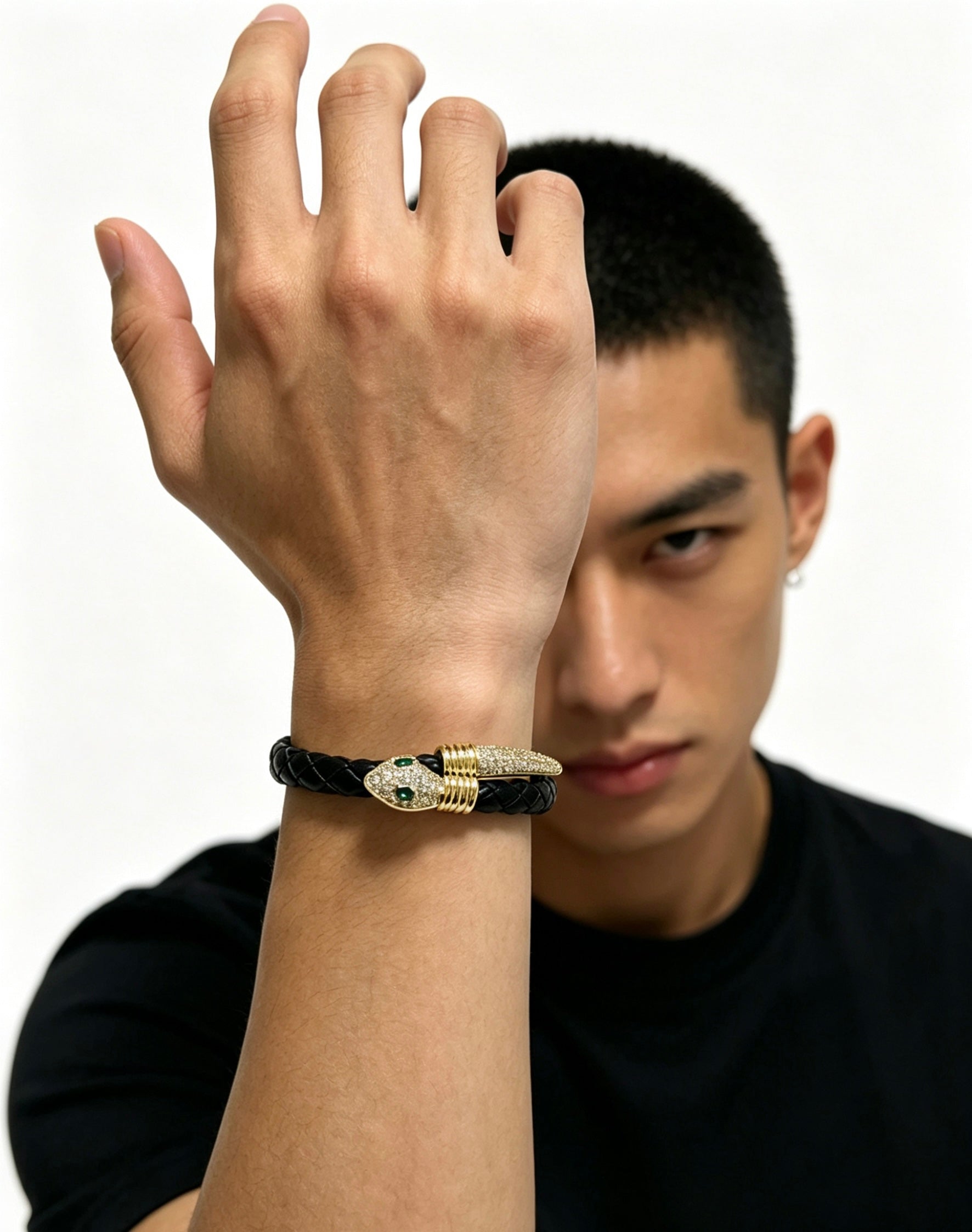 Geometric Emblem Braided Bracelet in Polished Metal-Tone – Design 018 close-up detail