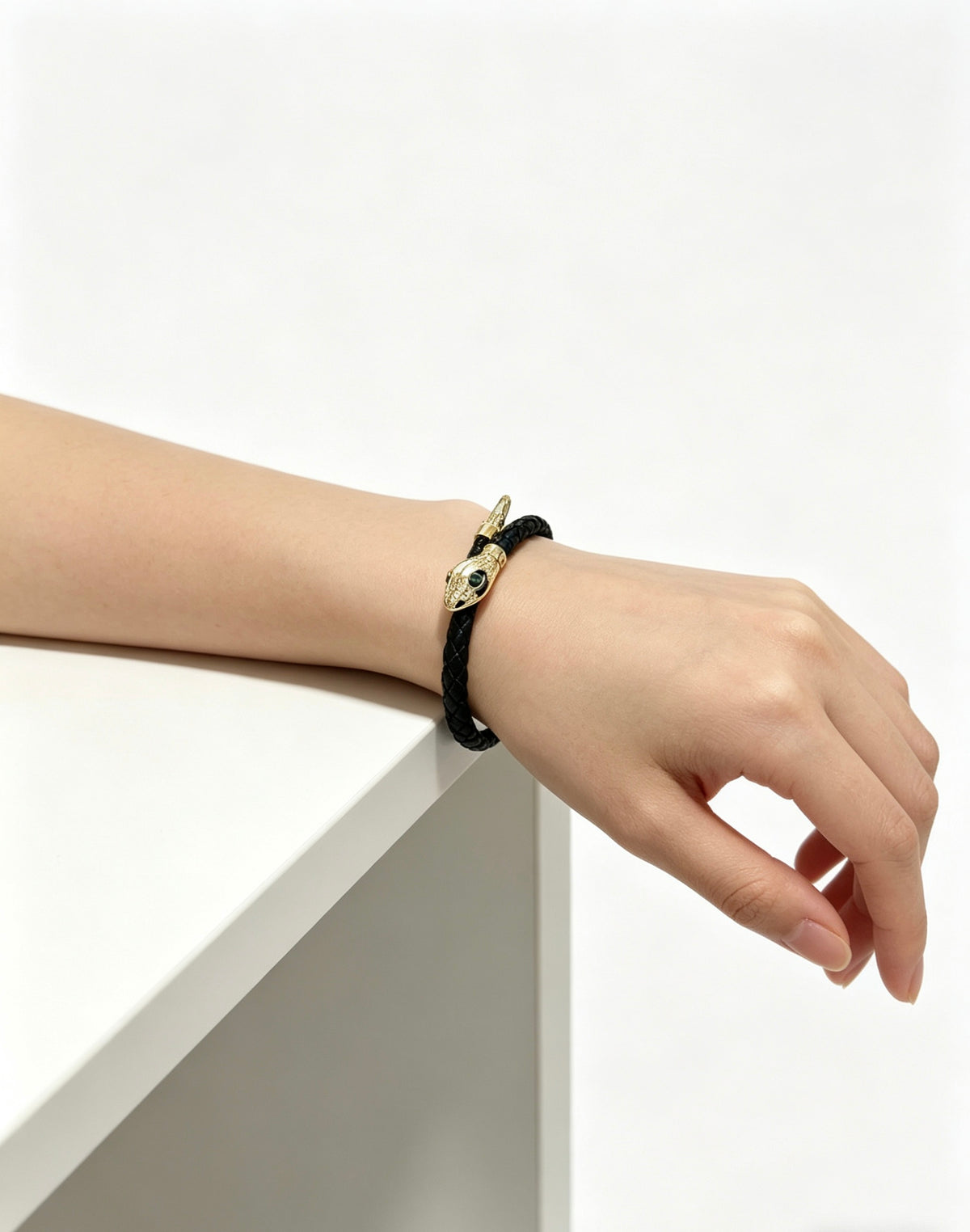 Geometric Emblem Braided Bracelet in Polished Metal-Tone – Design 014 side detail
