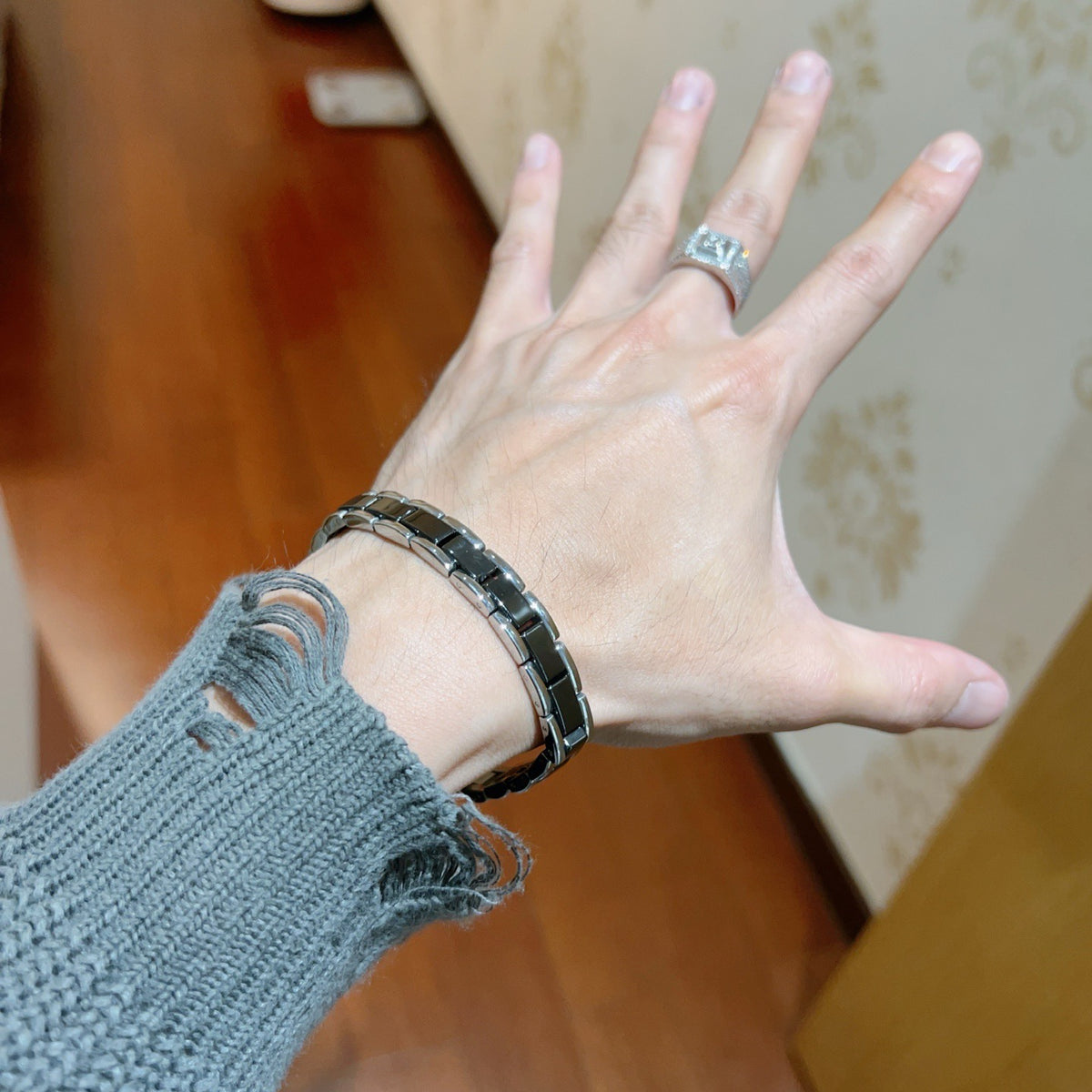 Geometric Emblem Statement Ring in Polished Metal-Tone – Black Detail detail view