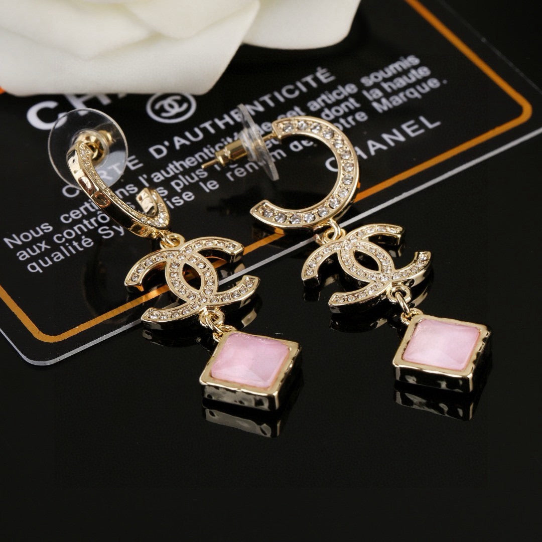 Double-C Emblem Crystal-Accent Statement Earrings – Design 026 close-up detail