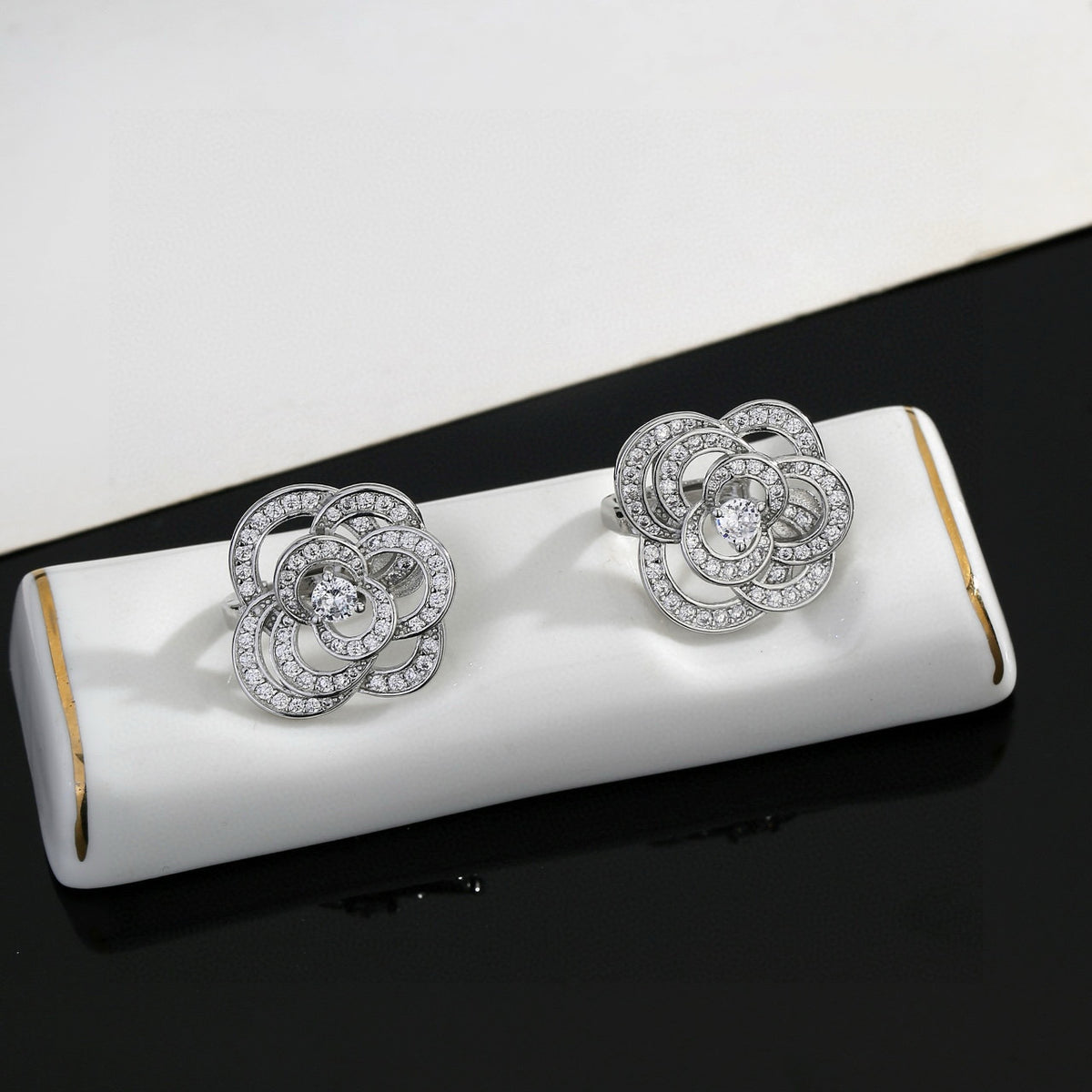 Camellia Stud Earrings in Gold-Tone – Camellia Detail – Design 008 front product view