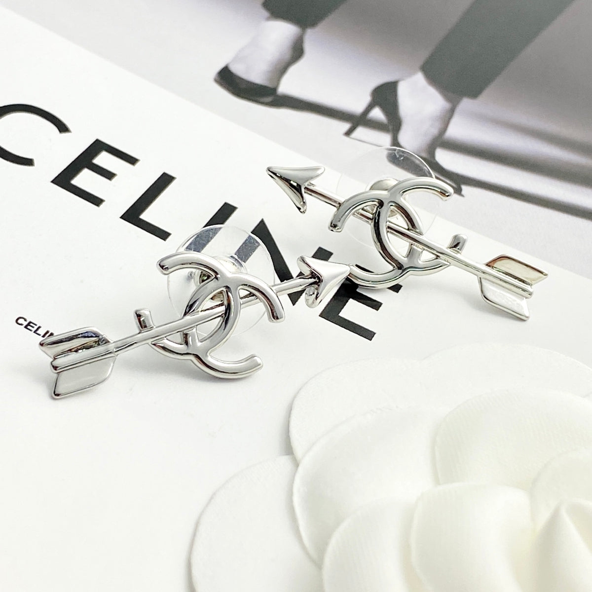 Double-C Emblem Stud Earrings in Silver-Tone – Design 008 main product view