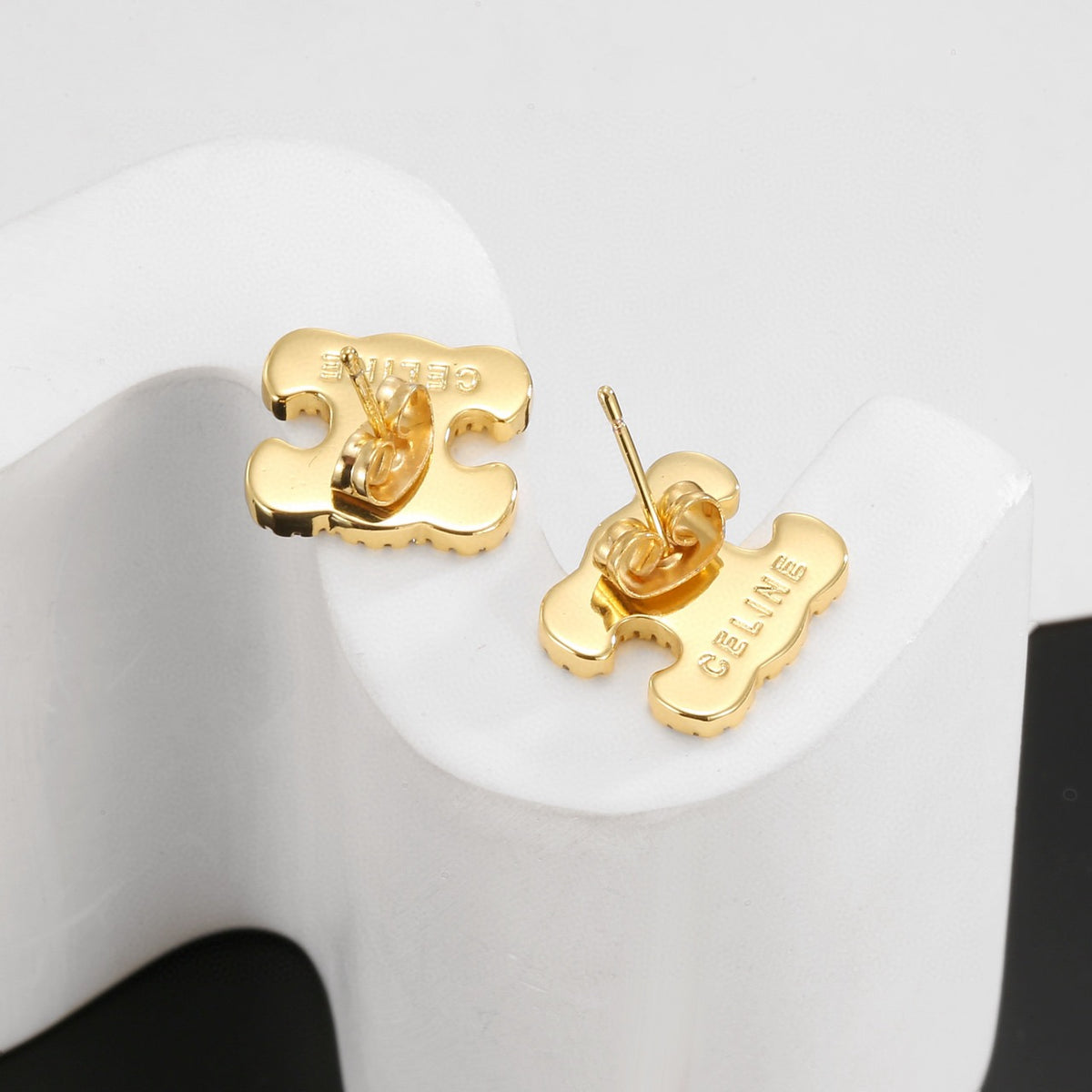 Signature Emblem Stud Earrings in Gold-Tone – Design 07 close-up view