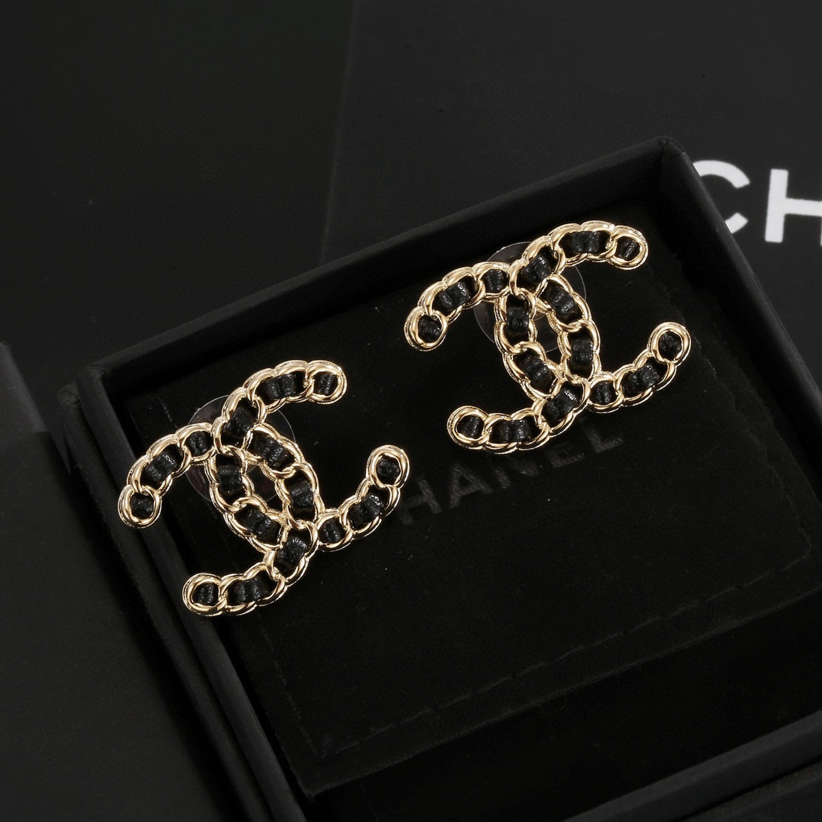 Signature Emblem Stud Earrings in Polished Metal-Tone – Black Detail – Design 002 main product view