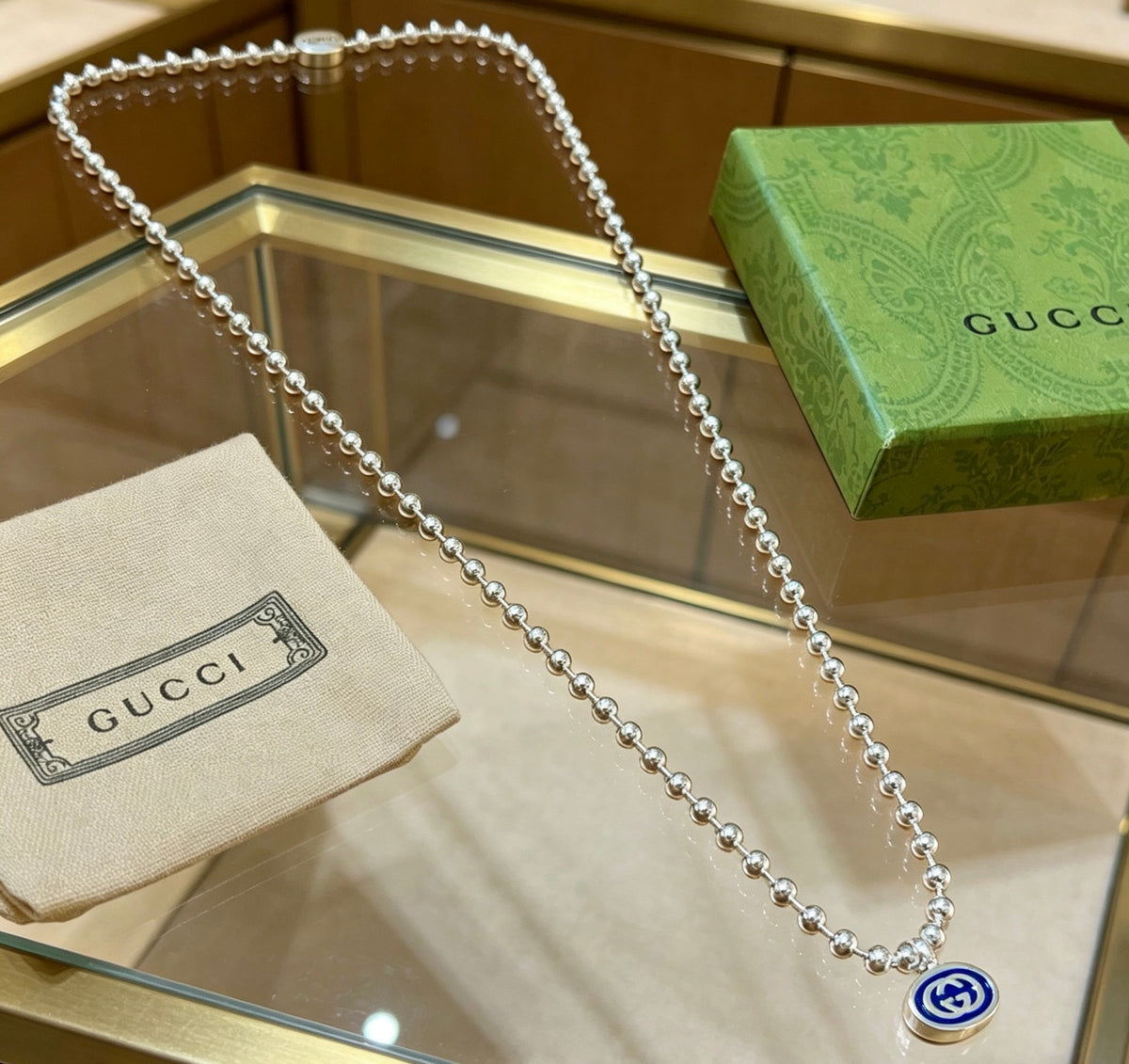 Double-G Emblem Pendant Necklace in Silver-Tone – Design 050 styled product view