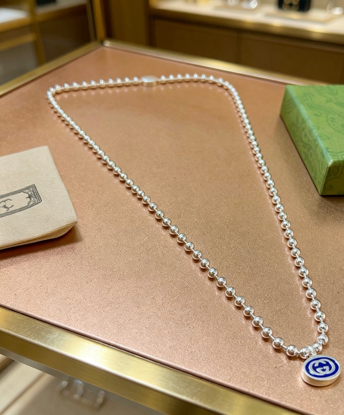 Double-G Emblem Pendant Necklace in Silver-Tone – Design 050 detail view