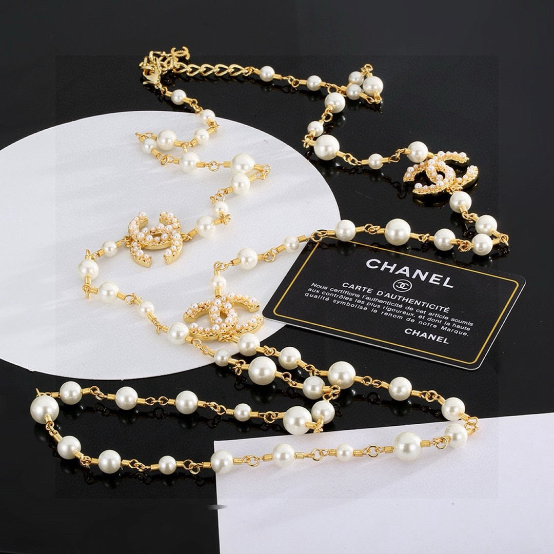 Double-C Emblem Pearl-Detail Pendant Necklace – Pearl Detail – Design 096 main product view
