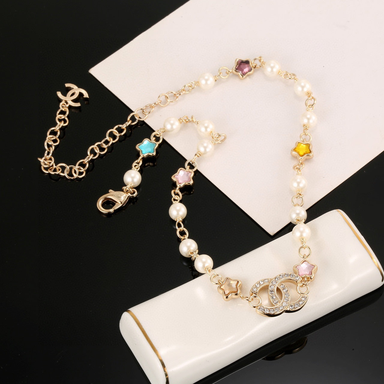 Double-C Emblem Pearl-Detail Pendant Necklace – Pearl Detail – Design 038 front product view