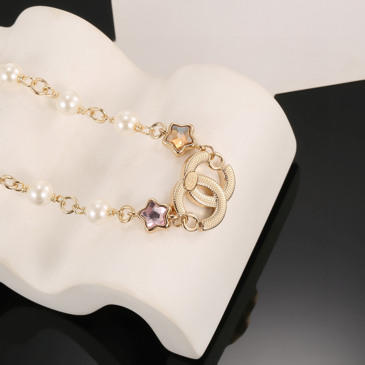 Double-C Emblem Pearl-Detail Pendant Necklace – Pearl Detail – Design 038 main product view