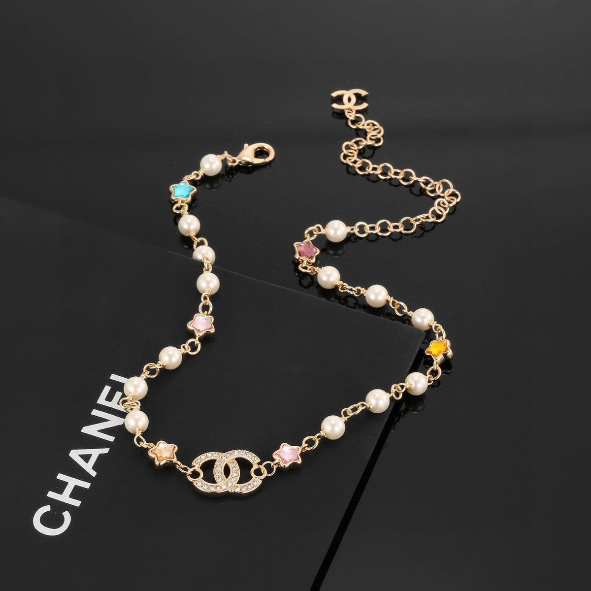 Double-C Emblem Pearl-Detail Pendant Necklace – Pearl Detail – Design 038 side detail