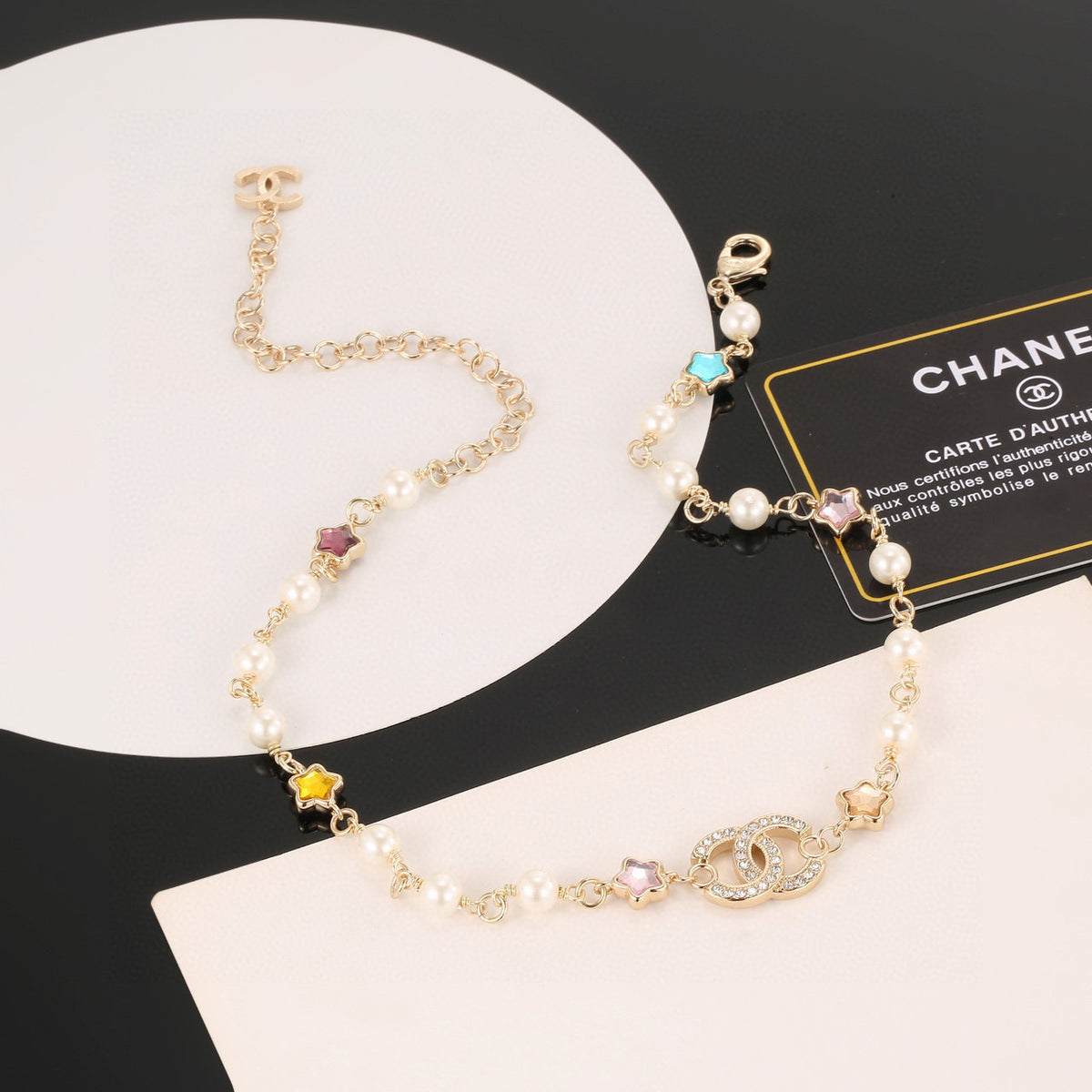 Double-C Emblem Pearl-Detail Pendant Necklace – Pearl Detail – Design 038 front product view