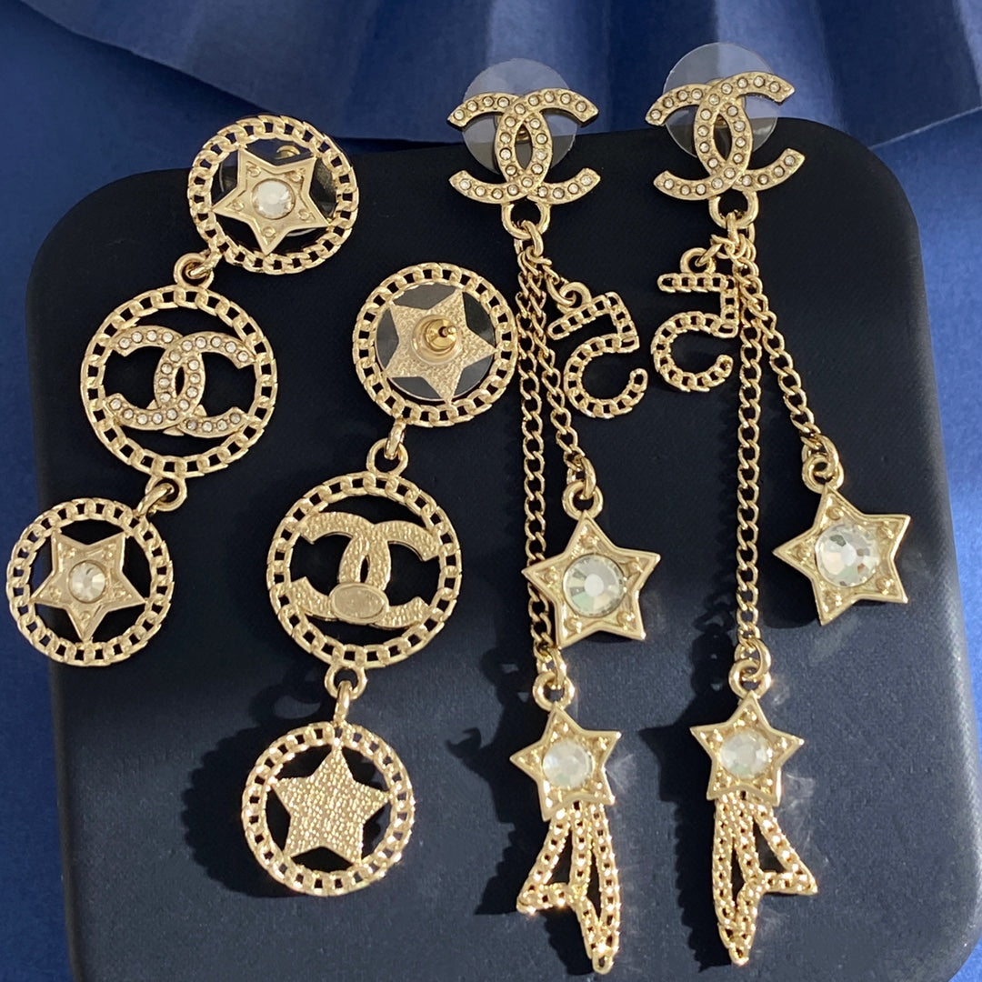 Double-C Emblem Stud Earrings in Gold-Tone – Star Detail – Design 009 front product view