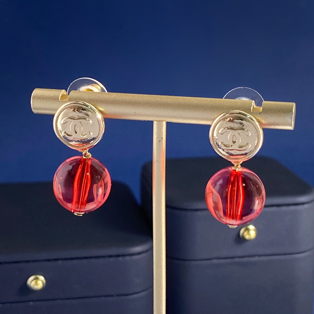 Double-C Emblem Stud Earrings in Silver-Tone – Red Detail main product view