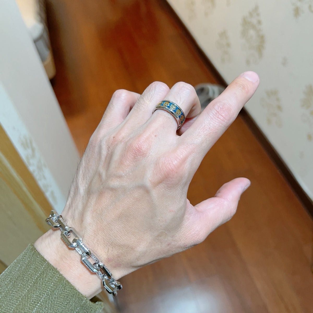 Geometric Emblem Statement Ring in Gold-Tone – Gold Detail – Design 011 detail view