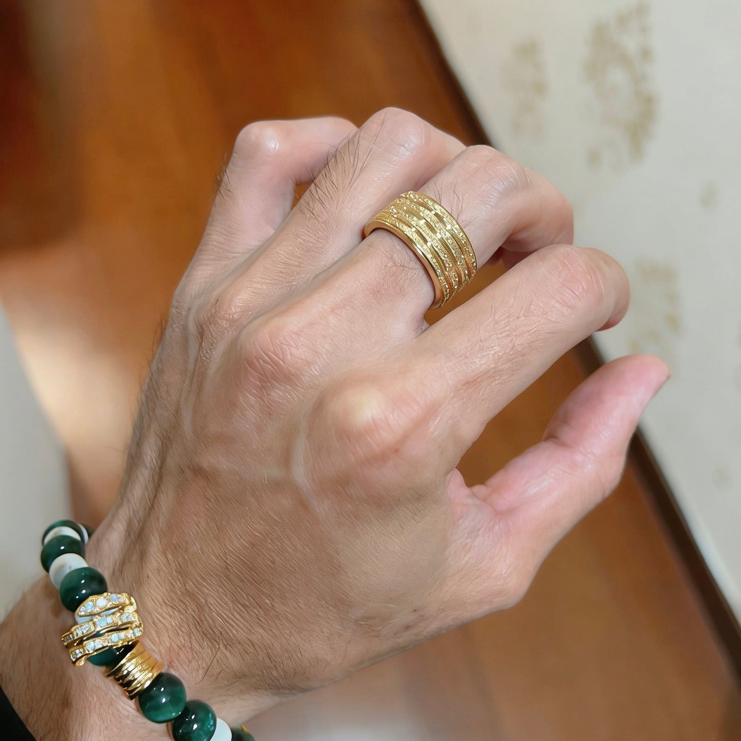 Geometric Emblem Statement Ring in Gold-Tone – Gold Detail – Design 010 styled product view