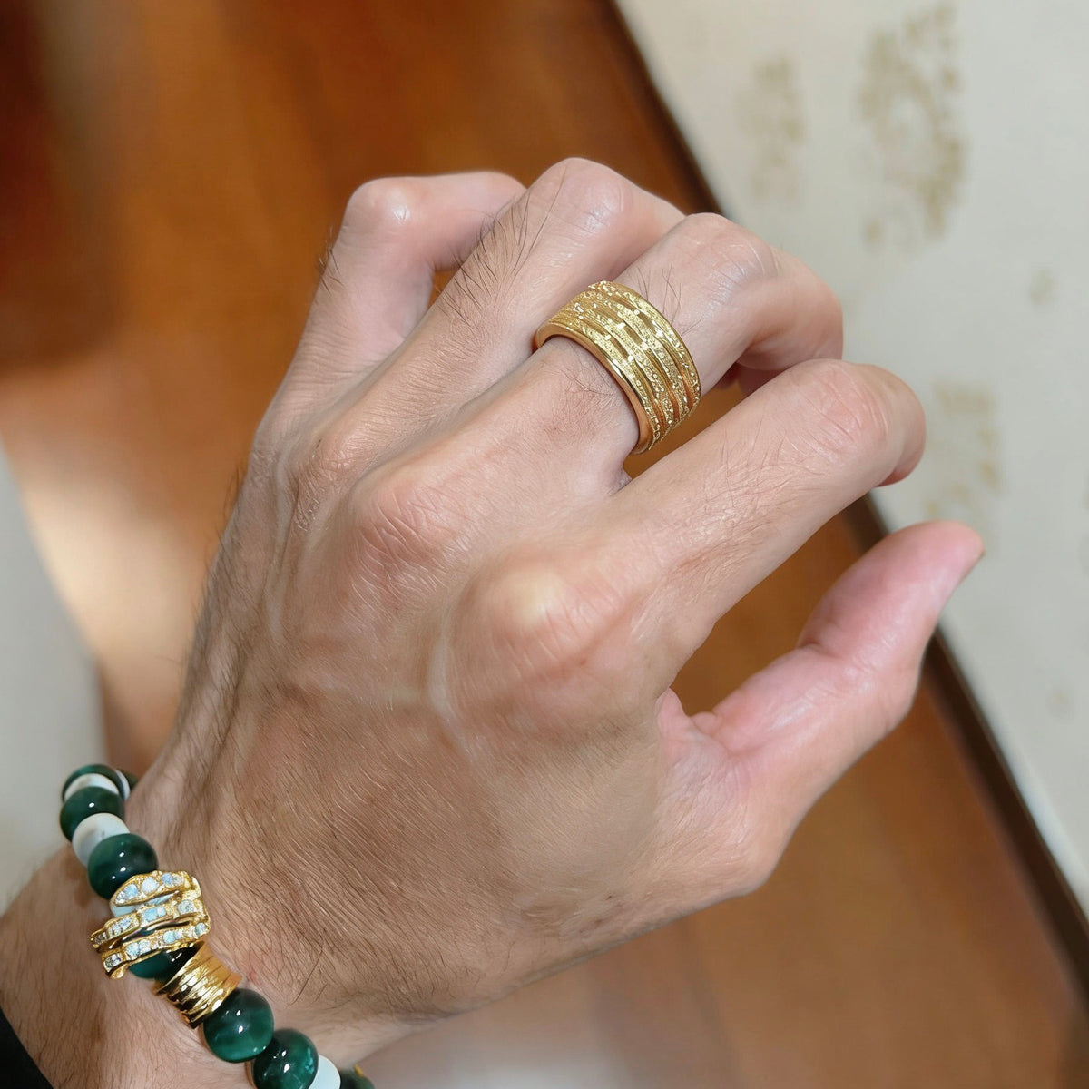 Geometric Emblem Statement Ring in Gold-Tone – Gold Detail – Design 010 styled product view