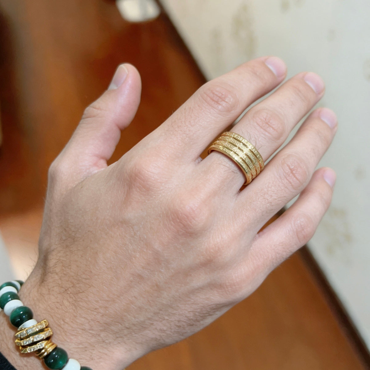 Geometric Emblem Statement Ring in Gold-Tone – Gold Detail – Design 010 front product view