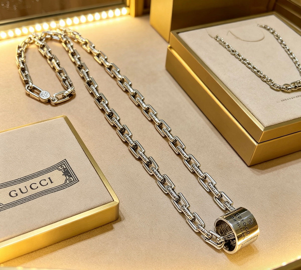 Double-G Emblem Pendant Necklace in Polished Metal-Tone – Design 088 front product view