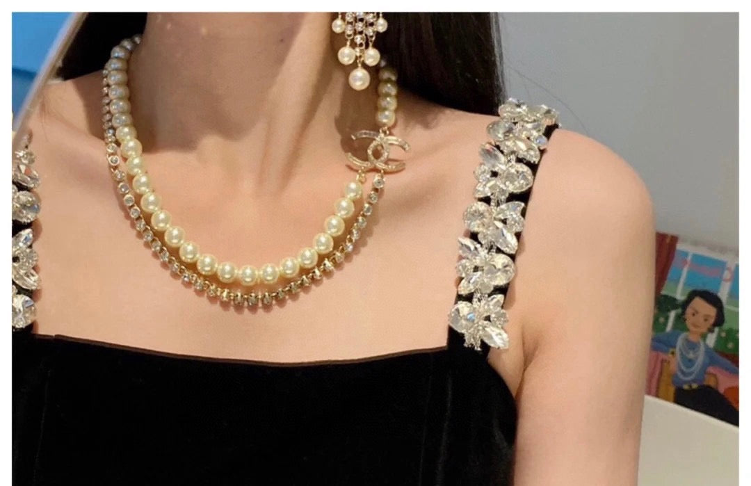 Double-C Emblem Pearl-Detail Pendant Necklace – Pearl Detail – Design 040 styled product view
