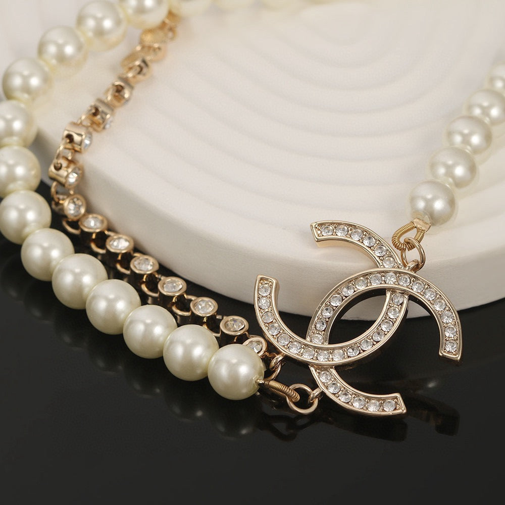 Double-C Emblem Pearl-Detail Pendant Necklace – Pearl Detail – Design 040 side detail