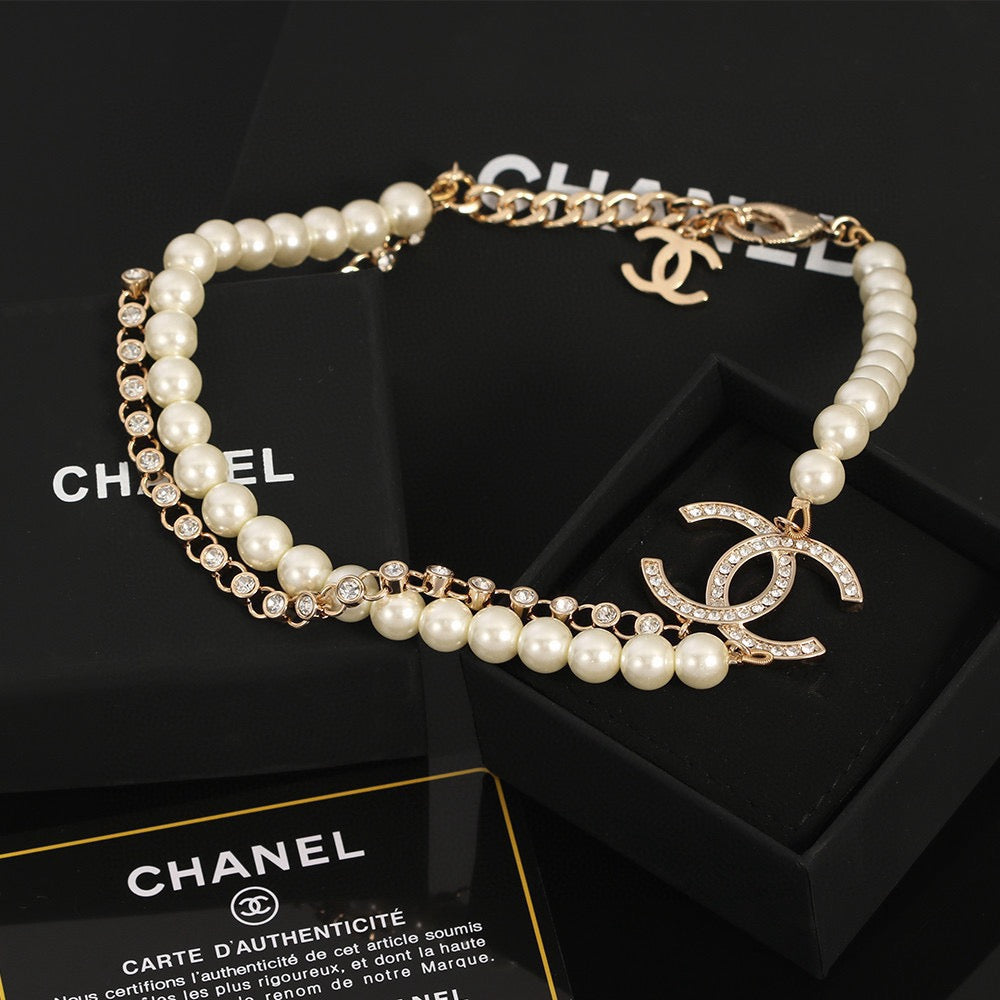 Double-C Emblem Pearl-Detail Pendant Necklace – Pearl Detail – Design 113 main product view