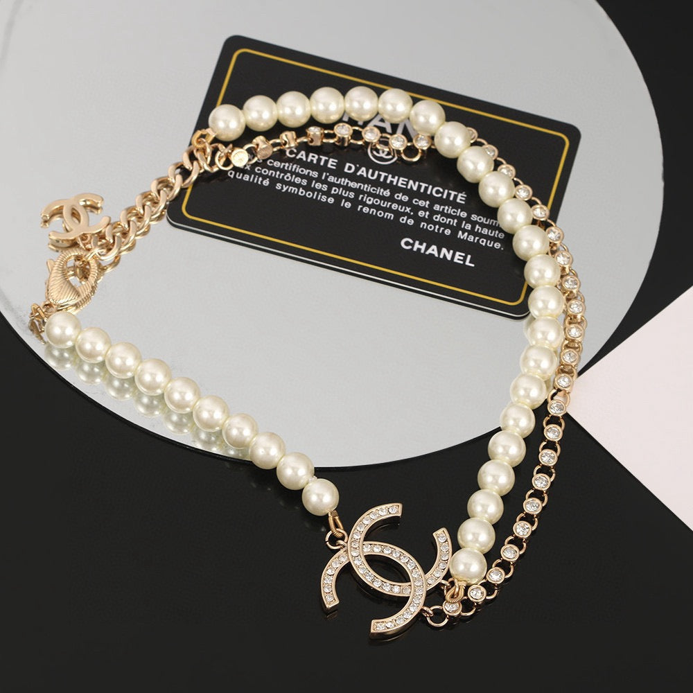 Double-C Emblem Pearl-Detail Pendant Necklace – Pearl Detail – Design 113 close-up detail