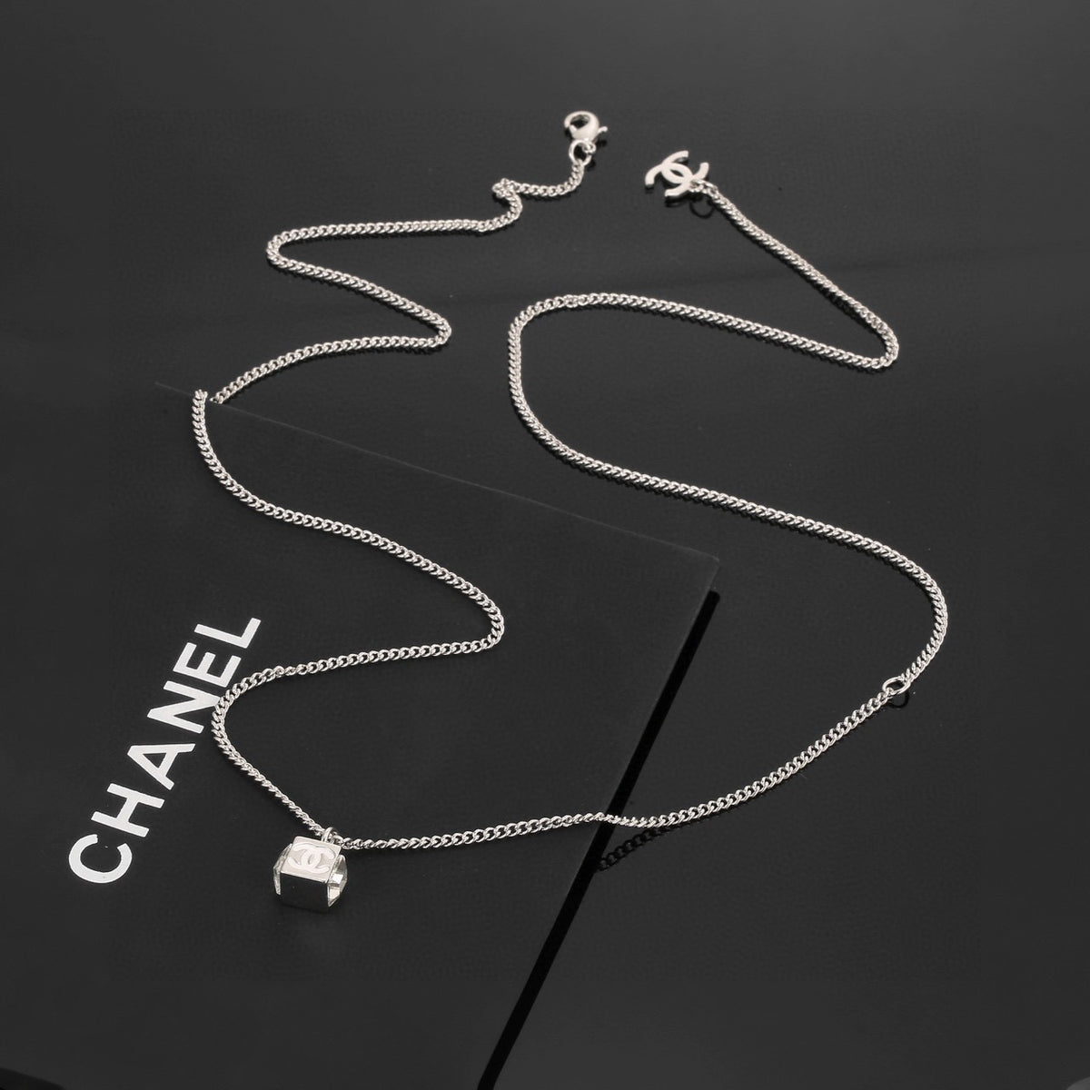 Square Pendant Necklace in Polished Metal-Tone – White Detail detail view