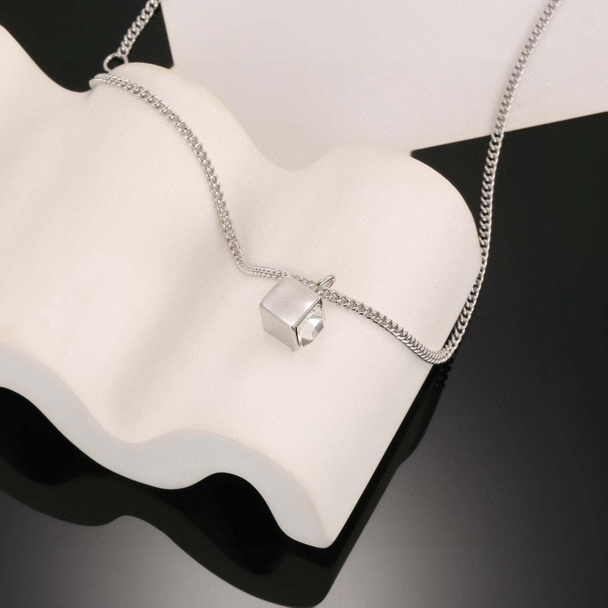 Square Pendant Necklace in Polished Metal-Tone – White Detail main product view