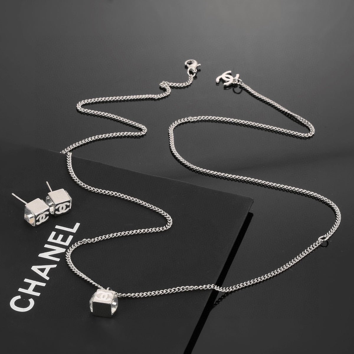 Square Pendant Necklace in Polished Metal-Tone – White Detail main product view