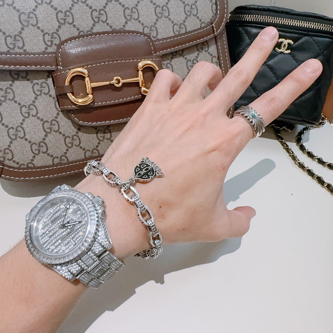 Geometric Emblem Bracelet in Polished Metal-Tone – Design 036 detail view