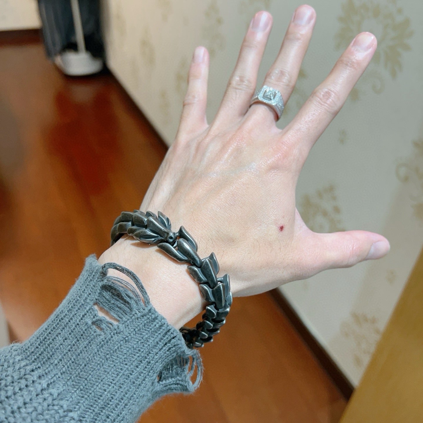 Geometric Emblem Bracelet in Polished Metal-Tone – Vintage Detail – Design 012 detail view