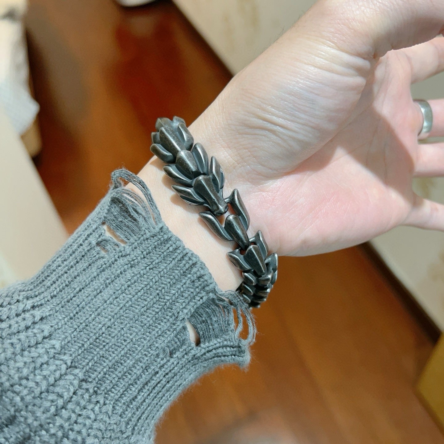 Geometric Emblem Bracelet in Polished Metal-Tone – Vintage Detail – Design 012 side detail