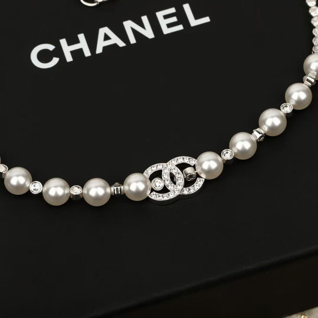 Double-C Emblem Pearl-Detail Pendant Necklace – Pearl Detail – Design 119 front product view