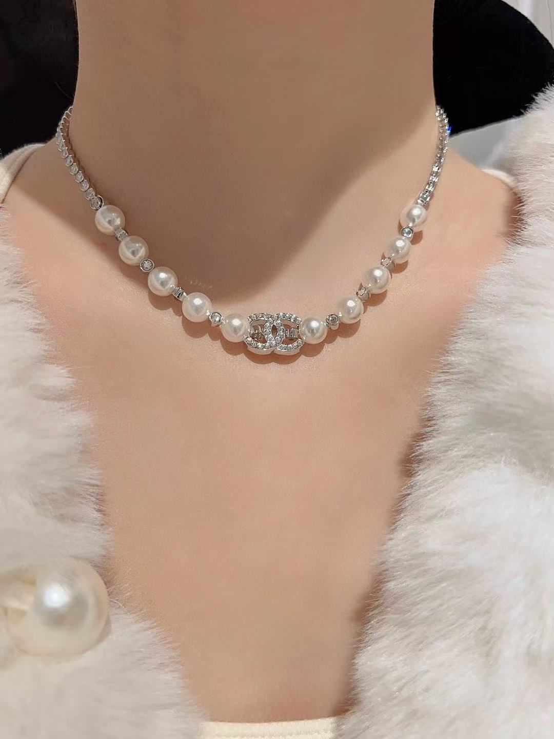Double-C Emblem Pearl-Detail Pendant Necklace – Pearl Detail – Design 119 main product view