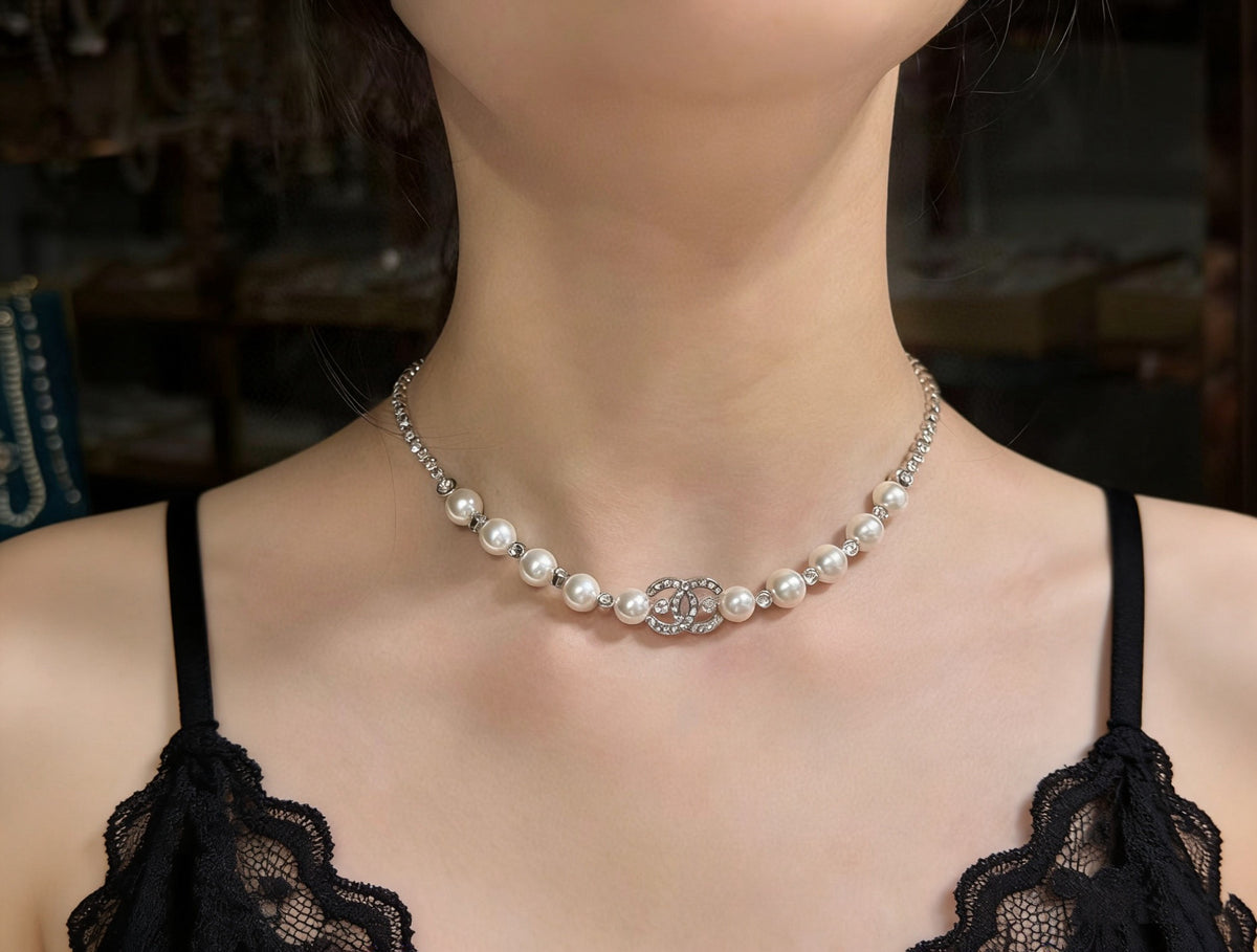 Double-C Emblem Pearl-Detail Pendant Necklace – Pearl Detail – Design 080 front product view
