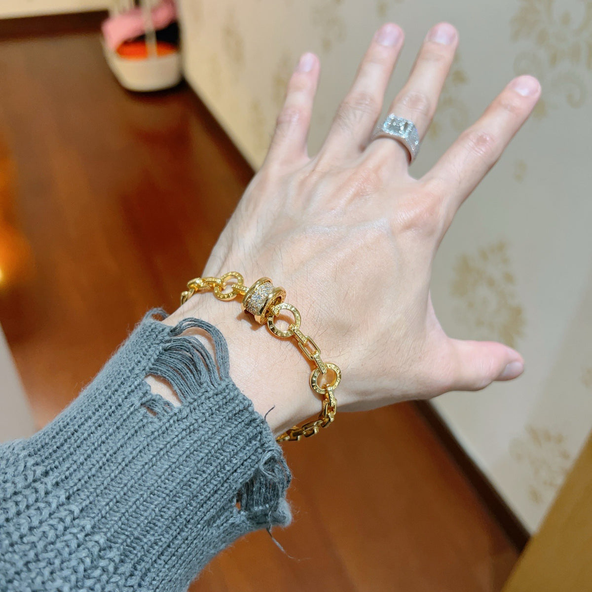 Geometric Emblem Statement Ring in Polished Metal-Tone – Design 100 detail view
