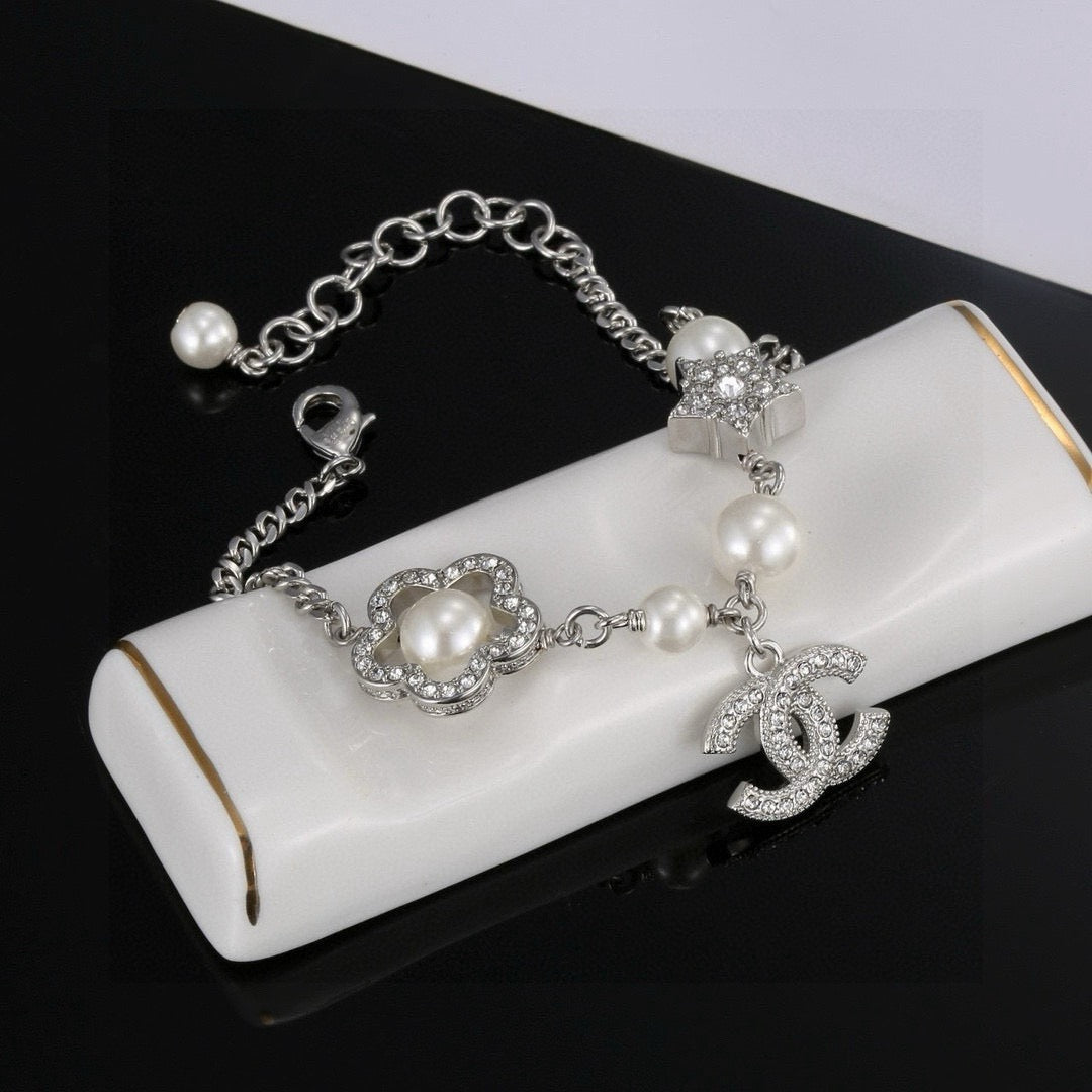 Camellia Bracelet in Polished Metal-Tone – Pearl Detail – Design 003 styled product view