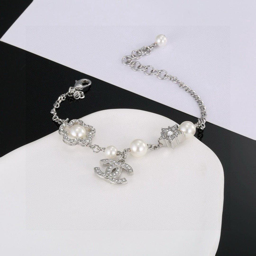 Camellia Bracelet in Polished Metal-Tone – Pearl Detail – Design 003 side detail