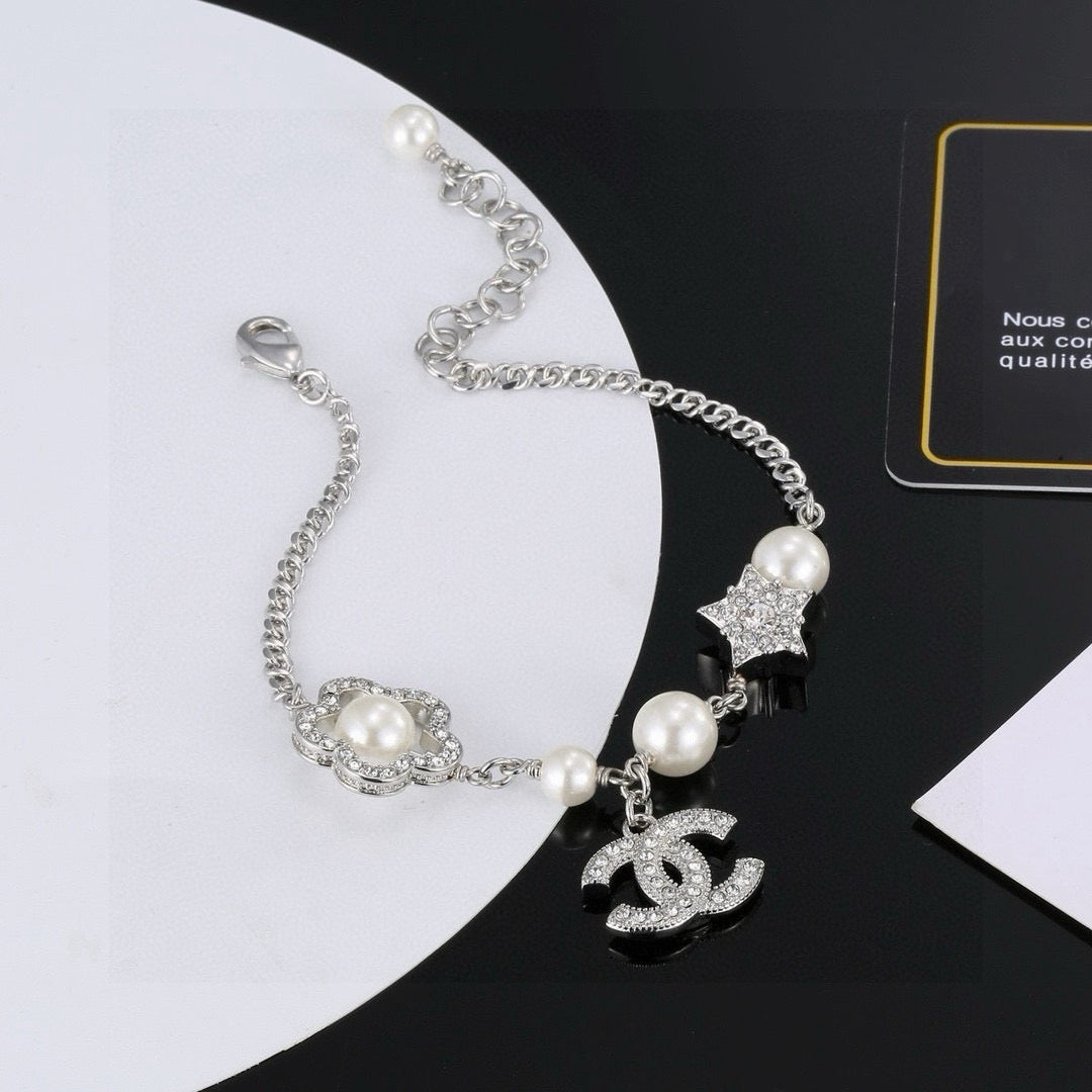 Camellia Bracelet in Polished Metal-Tone – Pearl Detail – Design 003 front product view